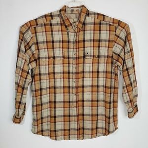 Men's Browning Button Down Flannel Plaid Shirt XL Brown Tan Vented Hunting